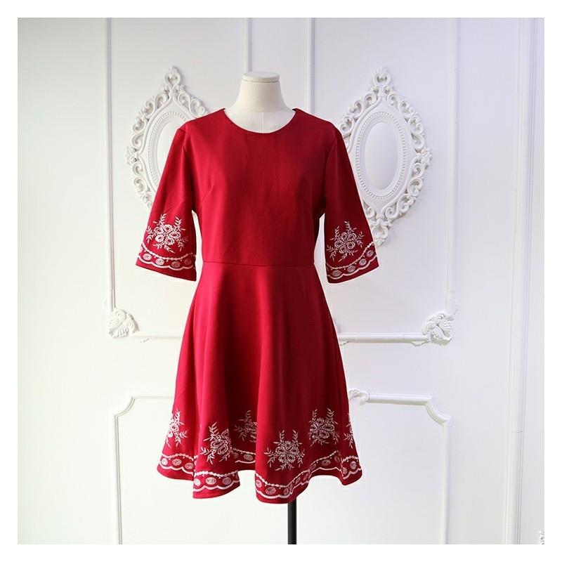 My Stuff, Vintage Embroidery Scoop Neck 1/2 Sleeves Zipper Up Dress - Lafannie Fashion Shop