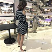 Solid Color Off-the-Shoulder Stripped Dress - Lafannie Fashion Shop