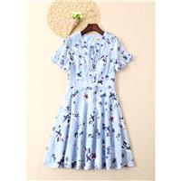 Vogue Sweet Printed Flare Sleeves A-line Chiffon Floral Fine Lady Frilled Dress - Lafannie Fashion S