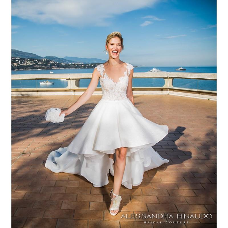 wedding, Alessandra Rinaudo 2017 Beatrice Ball Gown Illusion Cap Sleeves Asymmetrical High Low Ivory