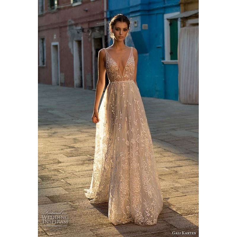 My Stuff, Gali Karten 2018 Embroidery Aline Tulle Sweep Train V-Neck Sleeveless Open Back Nude Dress