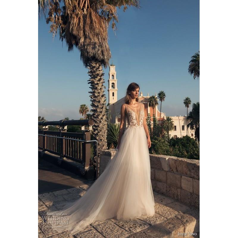 My Stuff, Julie Vino 2018 60 Open Back Chapel Train Ivory V-Neck Sleeveless Aline Embroidery Outdoor