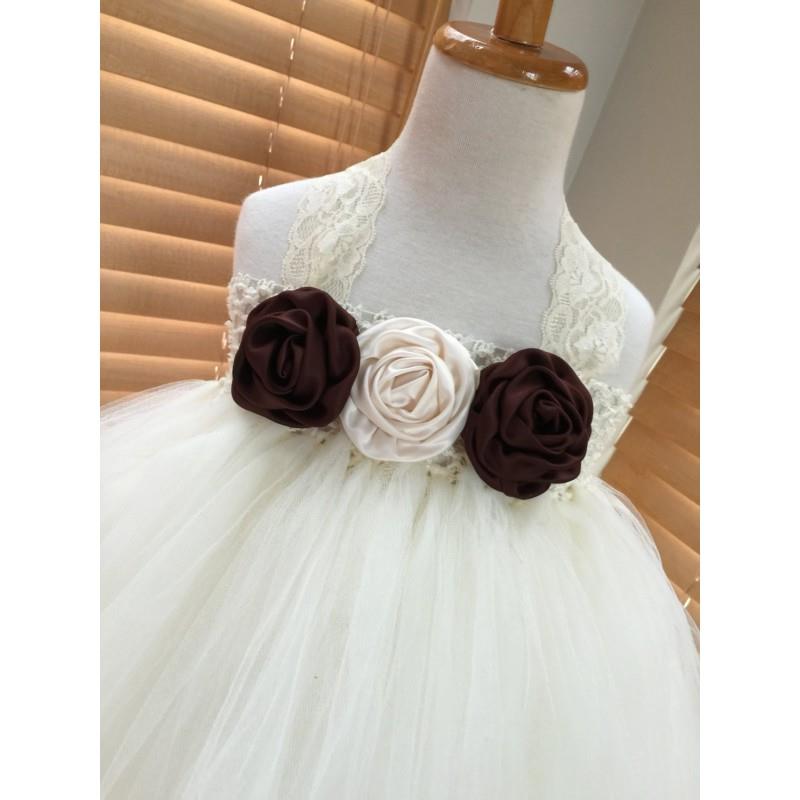 My Stuff, Chocolate Brown Ivory Flower Girl Satin Rosette Tutu Dress, Wedding Dress, Baby Girl, Todd