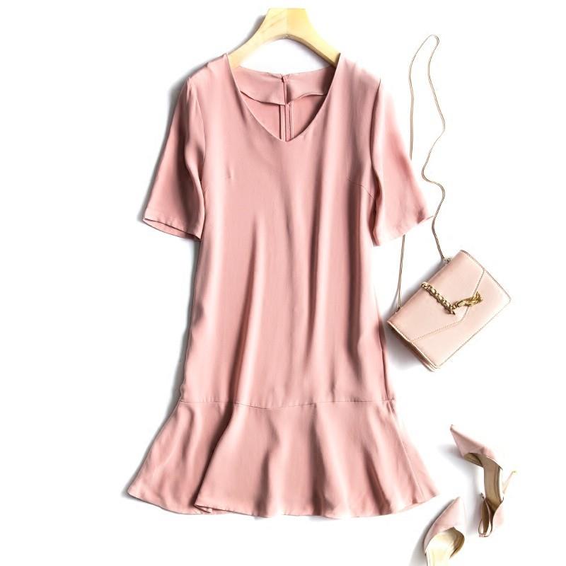 My Stuff, Office Wear Attractive Slimming V-neck Frilled Short Sleeves Silk Dress - Lafannie Fashion