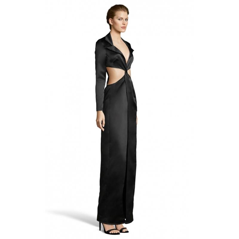 My Stuff, Reaux 30001 Vogue Black Floor-Length Long Sleeves Fit & Flare POLO/Turndown Collar Satin P