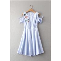 Embroidery Curvy Off-the-Shoulder Scoop Neck Stripped Floral Short Sleeves Dress - Lafannie Fashion