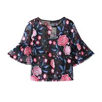 Embroidery Scoop Neck Floral Summer Short Sleeves Transparent Top Lace Top - Lafannie Fashion Shop