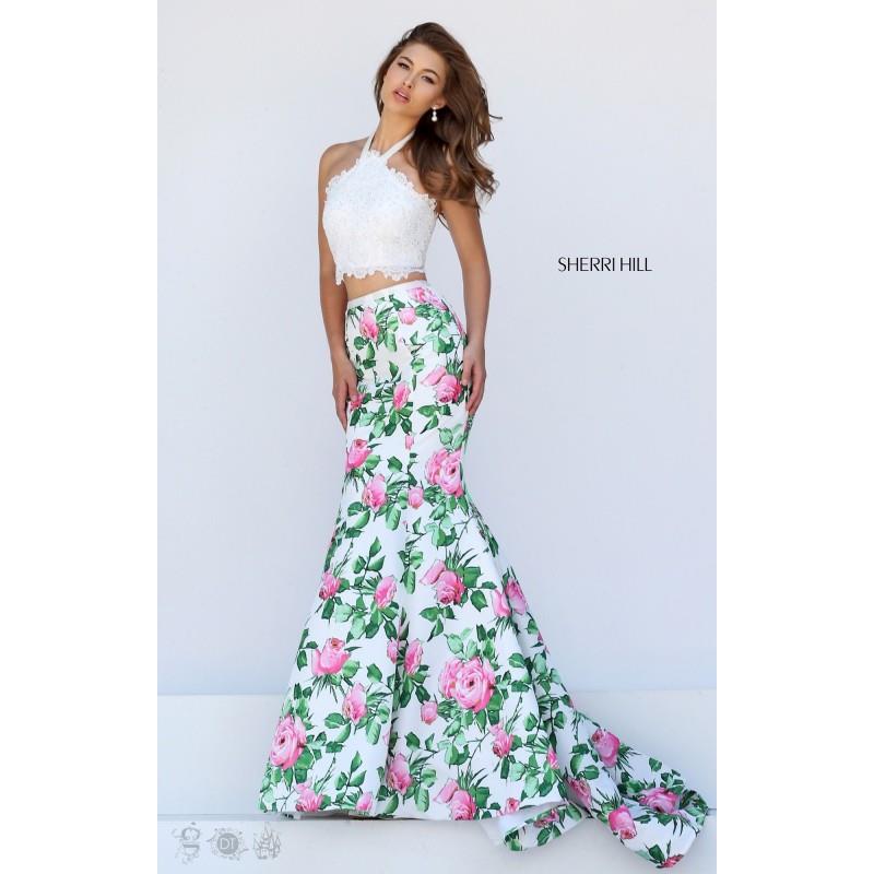 My Stuff, Ivory/Pink Print Sherri Hill 50398 - 2-piece Mermaid Lace Dress - Customize Your Prom Dres