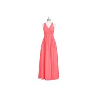 Watermelon Azazie Natasha - Keyhole Chiffon V Neck Floor Length - Simple Bridesmaid Dresses & Easy W