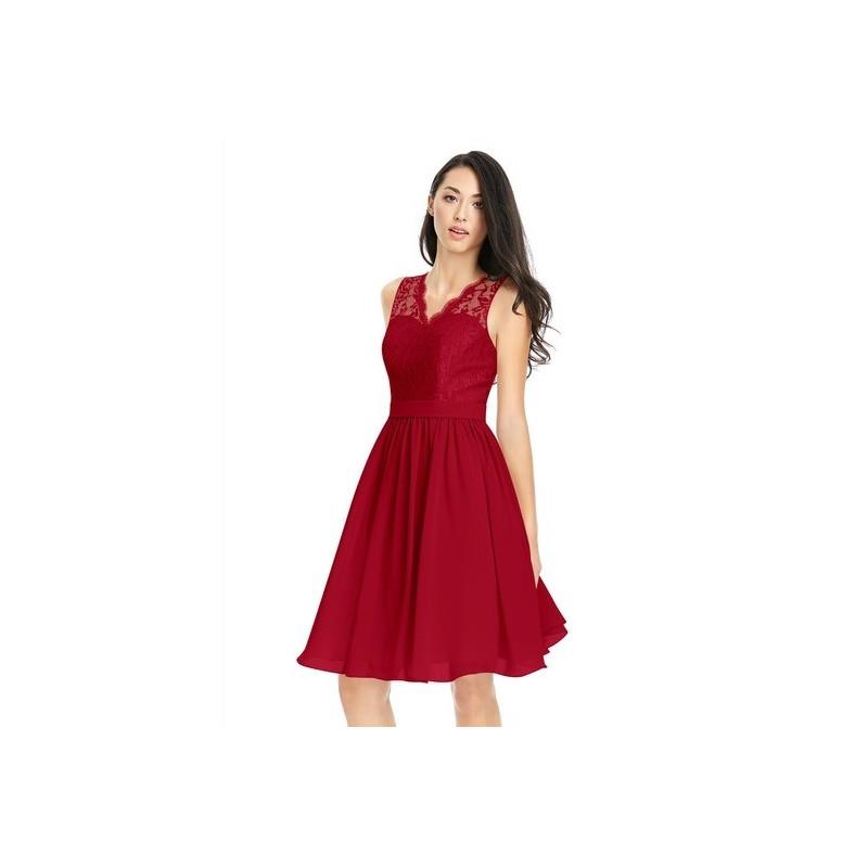 My Stuff, Burgundy Azazie Cierra - Chiffon And Lace V Neck Knee Length Back Zip Dress - Charming Bri