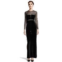 Kaititude K0003 Ankle-Length Black Sexy Fit & Flare Long Sleeves Illusion Velvet Zipper Up Split Fro