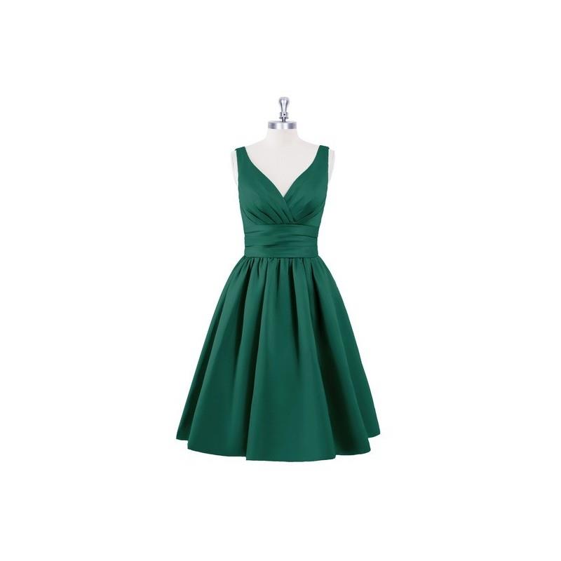 My Stuff, Dark_green Azazie Alexandra - Back Zip V Neck Knee Length Satin Dress - Charming Bridesmai