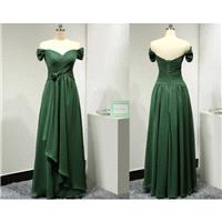 Off the Shoulder Short Sleeves Sweetheart Chiffon Dark Green Long Bridesmaid Dress with Handmade Flo