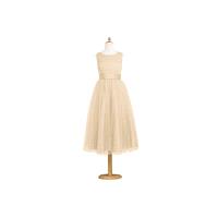 Champagne Azazie Frankie JBD - Back Zip Satin And Tulle Tea Length Boatneck Dress - Charming Bridesm