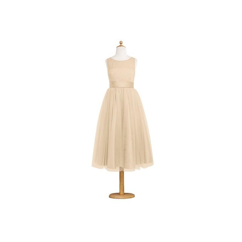 My Stuff, Champagne Azazie Frankie JBD - Back Zip Satin And Tulle Tea Length Boatneck Dress - Charmi