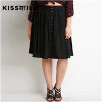 2017Plus Size women's Summer Fashion front breasted waist elastic design solid color pleated skirt -
