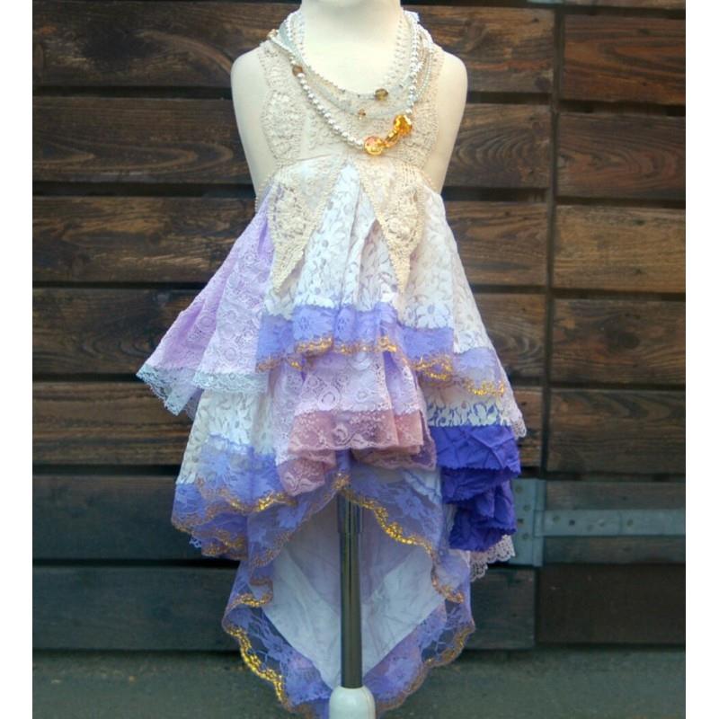 My Stuff, Girls size 5-6. Pink purple beige bohemian flower girl. Mori Girl dress with loads of lace