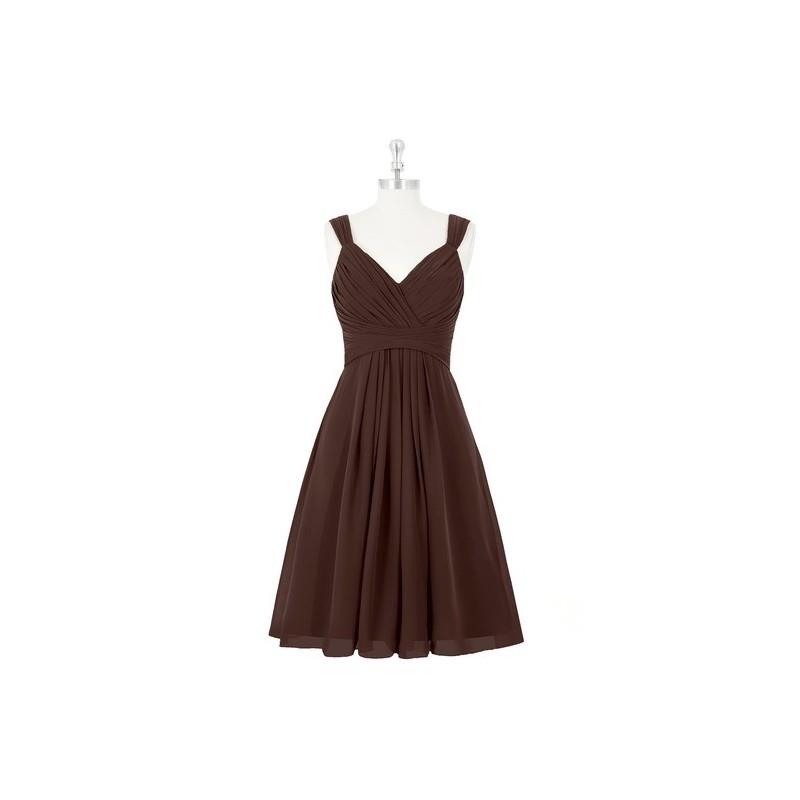 wedding, Chocolate Azazie Clara - Chiffon Knee Length Back Zip V Neck Dress - Charming Bridesmaids S