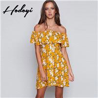 Vogue Sexy Printed Off-the-Shoulder Accessories Summer Frilled Buttons Dress - Bonny YZOZO Boutique
