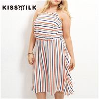 2017Plus Size women's summer new fashion color stripe loose slim fit Halter dress - Bonny YZOZO Bout