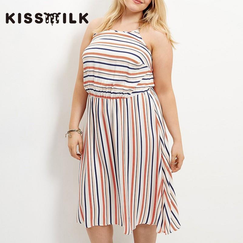 My Stuff, 2017Plus Size women's summer new fashion color stripe loose slim fit Halter dress - Bonny