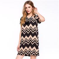 Fashion geometric wave stripe printing loose short-sleeved Chiffon dress women's summer - Bonny YZOZ