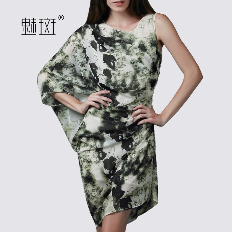 My Stuff, Summer sleeveless round neck slim irregular hip print long pleated chiffon dress - Bonny Y