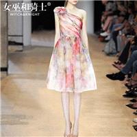 2017 summer New Sexy Strapless oblique shoulder collar printing slim fit mid-Length Skirt light dres