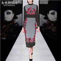2017 autumn winter new fashion ladies embroidery spell color slim fit dress long section of the penc