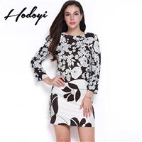 Easy plus size women's clothing long sleeve long dress in black and white printing fall 16 new - Bon