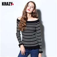 Sweet Slimming Agaric Fold Off-the-Shoulder Stripped Flexible Knitted Sweater - Bonny YZOZO Boutique