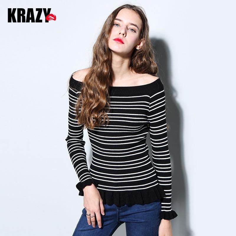 My Stuff, Sweet Slimming Agaric Fold Off-the-Shoulder Stripped Flexible Knitted Sweater - Bonny YZOZ
