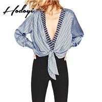 Vogue Simple Attractive Split Front Fall Tie 9/10 Sleeves Stripped Blouse Jumpsuit - Bonny YZOZO Bou