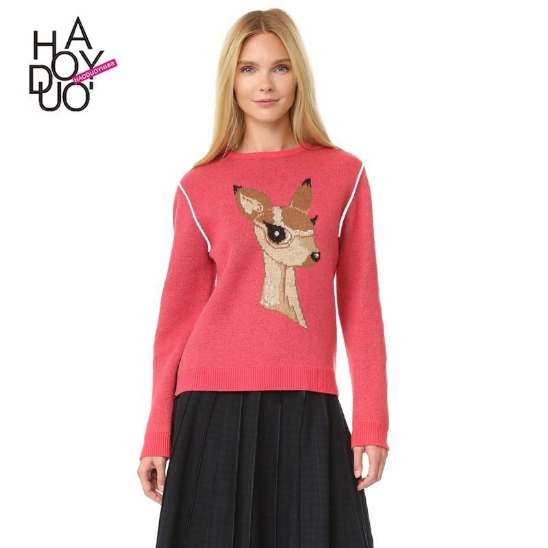 My Stuff, Vogue Printed Scoop Neck Long Sleeves Cartoon Deer Knitted Sweater Sweater - Bonny YZOZO B