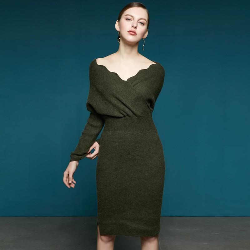 My Stuff, Winter new elegant wavy edge V-neck Batwing Sleeves High waist wool knit dress small fork