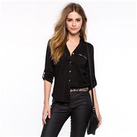 School Style Must-have Simple Attractive Slimming V-neck One Color Fall Casual 9/10 Sleeves Blouse T
