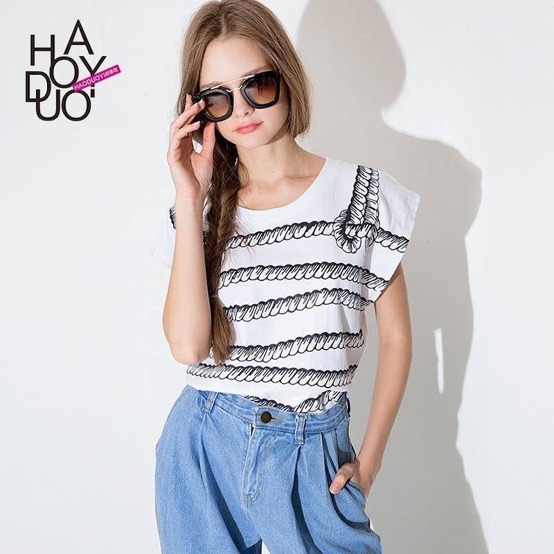 My Stuff, Sweet Navy rope print short sleeve t-shirt fashion loose leisure white woman - Bonny YZOZO