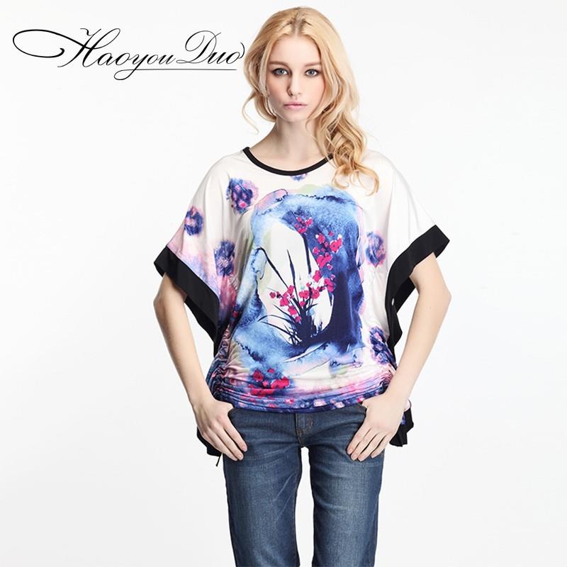 My Stuff, Ethnic Style Oversized Printed Frilled Sleeves Curvy Batwing Sleeves Scoop Neck Ink Paint