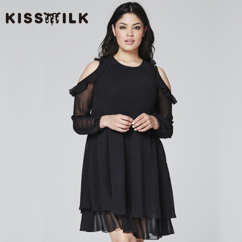 My Stuff, Vogue Hollow Out Frilled Plus Size Long Sleeves Chiffon Dress Basics - Bonny YZOZO Boutiqu