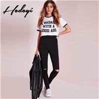 2017 summer new holes slim Pant Black street fashion casual pants - Bonny YZOZO Boutique Store