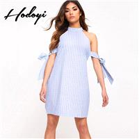 Oversized Vogue Sexy Sweet Bow Off-the-Shoulder Sleeveless Summer Tie Stripped Dress - Bonny YZOZO B