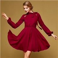 Elegant Vintage Bow Bishop Sleeves Trail Dress Burgendy Tie Lace Dress - Bonny YZOZO Boutique Store
