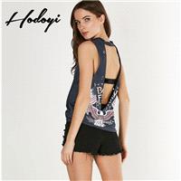 2017 summer new product women's fashion hip-hop wind sexy Halter floral print metal decorative Sleev