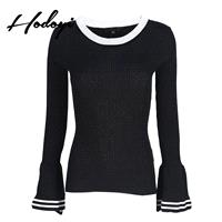 Must-have Vogue Simple Solid Color Slimming Flare Sleeves Scoop Neck Black & White Fall Sweater - Bo