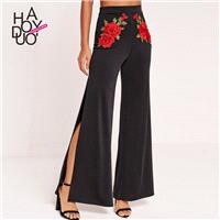 Vogue Split Embroidery Floral Wide Leg Pant Long Trouser - Bonny YZOZO Boutique Store