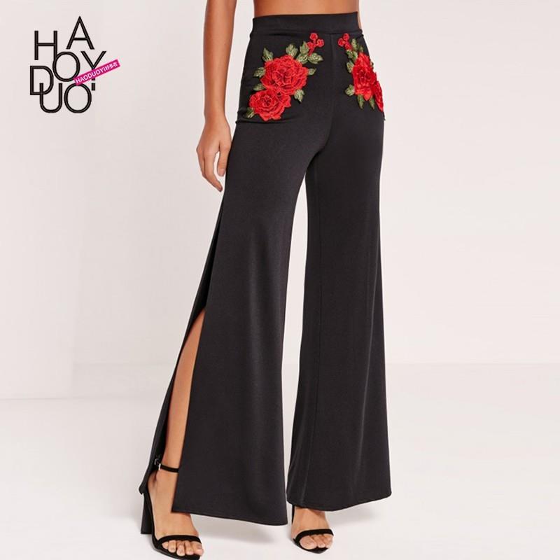 wedding, Vogue Split Embroidery Floral Wide Leg Pant Long Trouser - Bonny YZOZO Boutique Store
