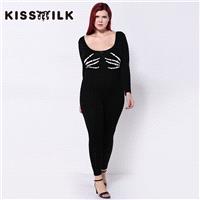 2017Plus Size women's spring new personality long sleeve skeleton hand print tight Backless jumpsuit