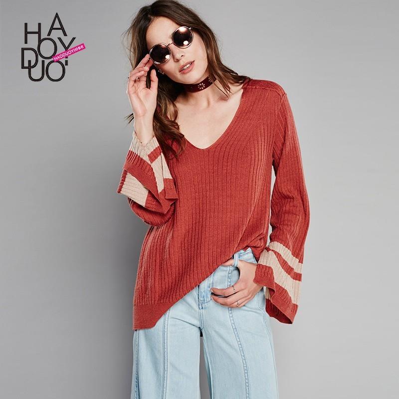 My Stuff, 2017 winter sexy v neck contrast color stitching loose trumpet sleeves slit sweater women