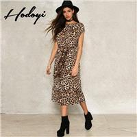 Vogue Sexy Printed Curvy Leopard Summer Tie Short Sleeves Dress - Bonny YZOZO Boutique Store