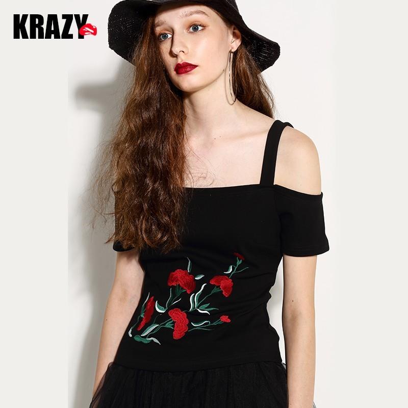 My Stuff, Sexy Embroidery Slimming Off-the-Shoulder Floral Eye Catching Flexible T-shirt - Bonny YZO